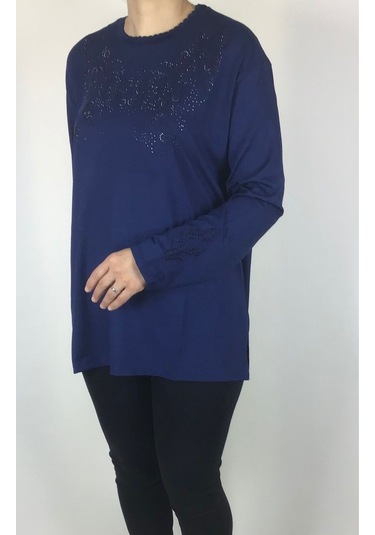 Kadın Likralı Turlu Viskon Büyük Beden Yaka Ve Kolağzı Taşlı Ve İşlemeli Bluz Mavi