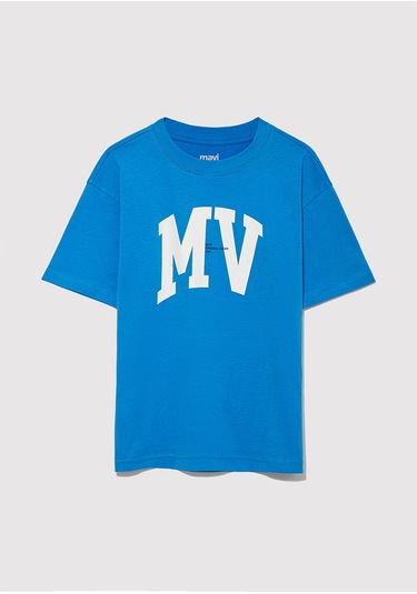 Mavi - Mv Logo Baskılı Mavi Tişört 6610213-83865 Mavi