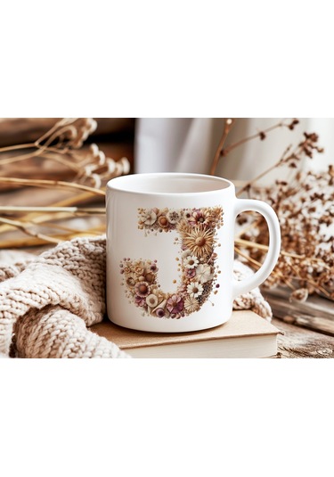 J Harfi Çiçek Desenli Kupa Bardak - Alfabe Harfleri İle Doğal Çiçekli Kupa - Hediye Fikir Beyaz