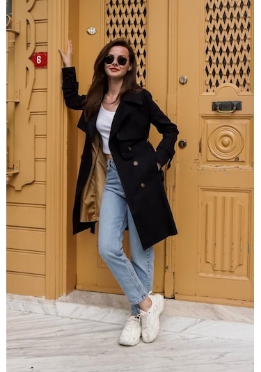 Pastelastore %100 Pamuk Gabardin Midi 95cm Astarlı Kemerli Kadın Trençkot 1113 Siyah