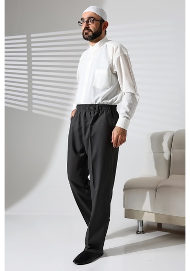 Erkek Beli Lastikli Cepli Hac Ve Umre Kışlık Yün Efektli Şalvar Pantolon - Füme İsr Füme