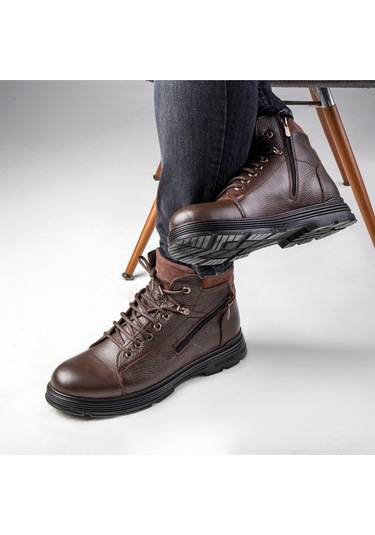 Ankle Hakiki Deri Bağcıklı Kauçuk Taban Erkek Bot, Fermuarlı Bot