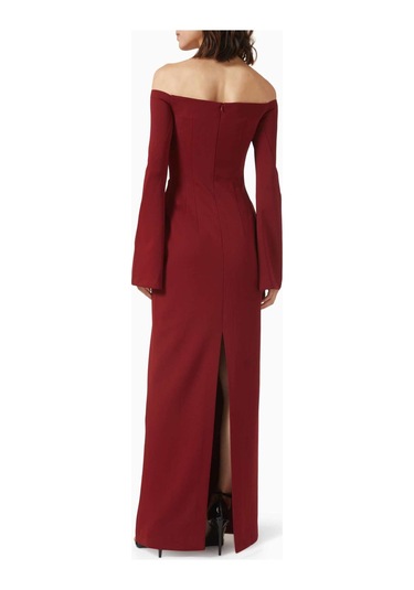 Eegen Studio Louisa Maxi Elbise - Off - Shoulder, Düğmeli Kollar, Şık Drapeli Bel, Zarif Umi Kumaş Kırmızı