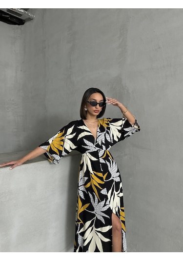 Kadın Kruvaze Yaka Yırtmaçlı Uzun Yazlık Elbise Siyah - Sarı