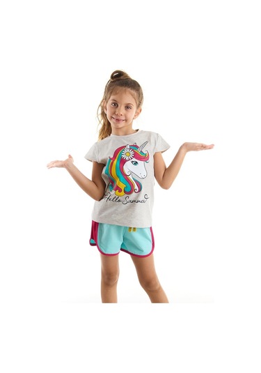 Denokids Mushi Çiçekli Unicorn Kız T-Shirt Şort Takım Çok Renkli