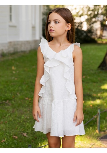 Sheshe Fırfırlı Beyaz Kolsuz Kız Çocuk Elbise Renkli
