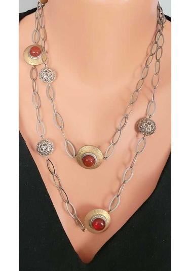 Nusret 925 Ayar Gümüş Akik Taşlı ve Halkalı Ajurlu Toplu Uzun Kolye