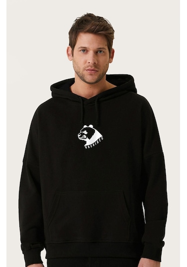 Unisex Oversize Minimal Bear Baskılı Kapüşonlu Sweatshirt Siyah