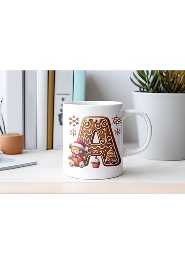 A Kurabiye Harf Ve Ayıcık Detaylı Kupa Bardak - Yeni Yıl / Yılbaşı Temalı Tasarım - Noel Hediye Beyaz