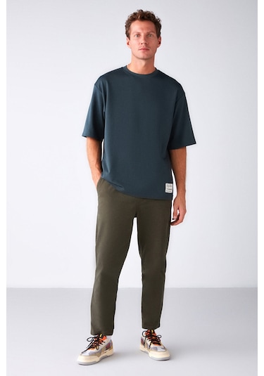 Joel Erkek %100 Organik Pamuklu Kalın Kumaşlı Özel Dokulu Etiket Detaylı Oversize Yeşil T-shirt