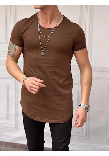 Modefendi Slim Fit Oval Kesim Pamuk Basic Tshırt Kahverengi