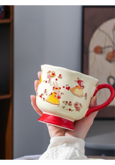 Sevimli Tavşan Karikatür Desenli Seramik Kupa 1982 Kırmızı