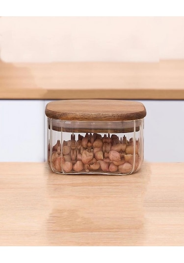 Mien Men Bor062 Kare Bambu Kapaklı Cam Kavanoz 350 Cc Şeffaf