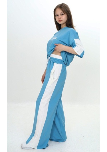 Kız Çocuk %100 Pamuk London Baskılı Oversize Garnili Truvakal Kollu Eşofman Takımı-293-eşt-0010 Turkuaz