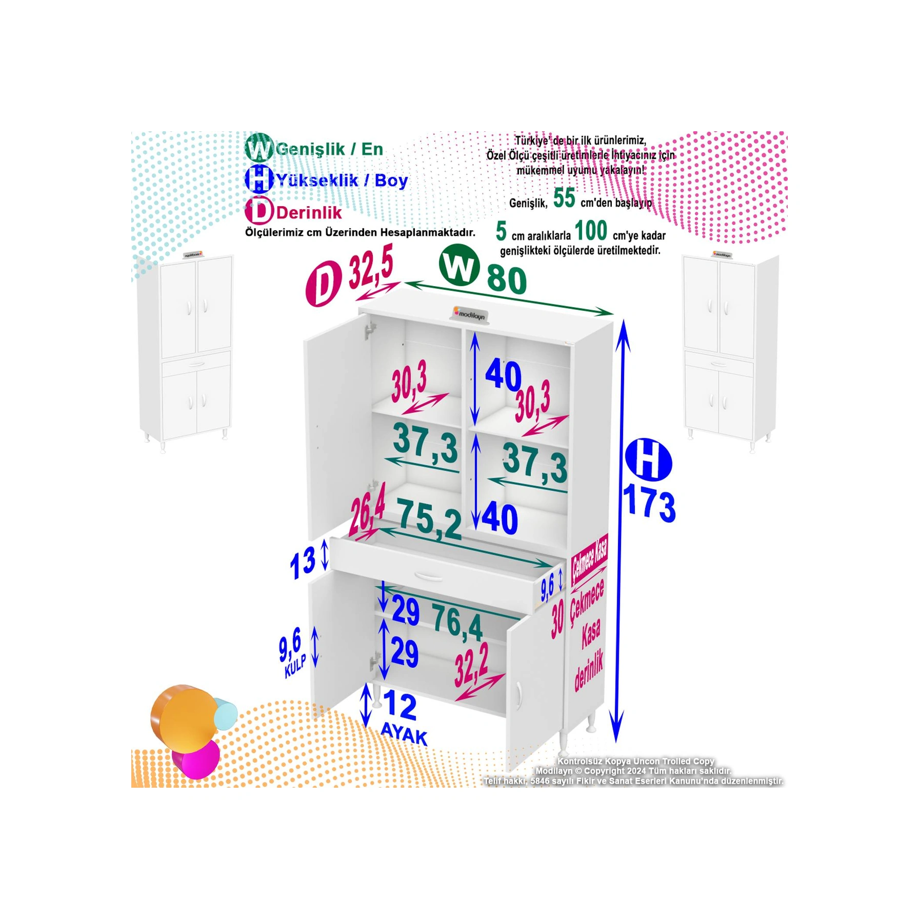 Sare Banyo Ve Mutfak Dolabı Çok Amaçlı Dolap Tek Çekmece 4 Kapak 3 Raf 6 Bölme 80x173x32,5 Cm Beyaz