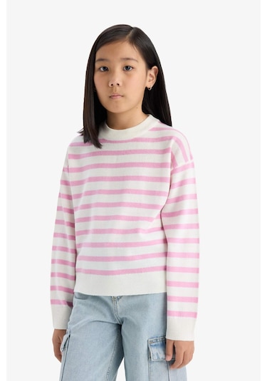 Defacto Kız Çocuk Standart Fit Bisiklet Yaka Çizgili Kazak C6903a825aupn444 Pembe