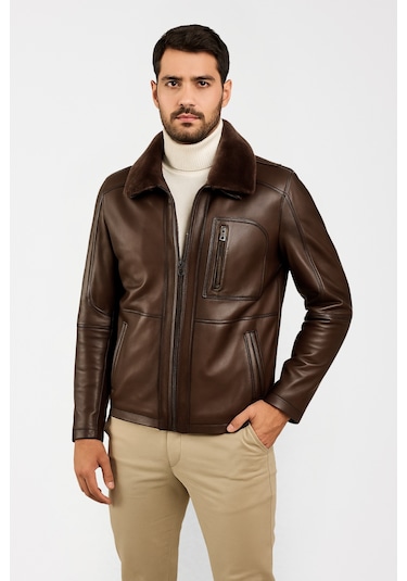 Derije Carlos Hakiki Deri Erkek Kestane Karartma Seyar Kürk Yaka Ceket-Mont