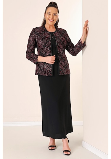 Yakası Boncuk Nakışlı Uzun Elbise Boncuk Pul Nakışlı Ceket Astarlı Büyük Beden 2'li Takım-35341-bordo Bordo