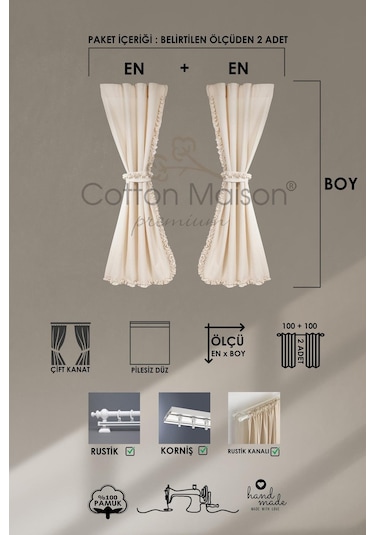 Naturel Perde Bohem Çift Kanat Büzgü Bantlı Krem