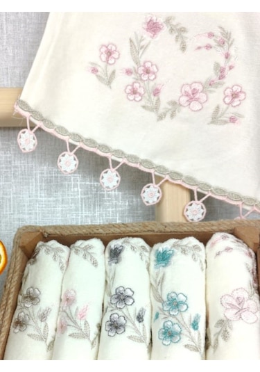 6'lı Set 30x50 Cm. Çeyizlik Kadife Nakışlı Yonca Küpeli Dantelli Lüks El Ve Mutfak Havlu Seti Saray Diğer