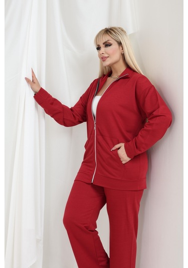 Kadın Büyük Beden Fermuarlı Uzun Kollu Rahat Günlük Eşofman Takım Bordo