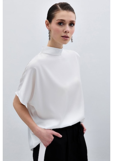 Sateen Yarasa Kol Salaş Bluz - Ekru-135940 Ekru