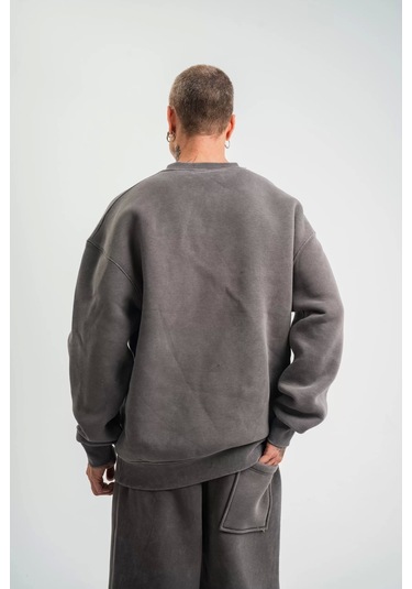 Unisex Uzun Kol Bisiklet Yaka Yıkamalı Sweatshirt - Füme Füme