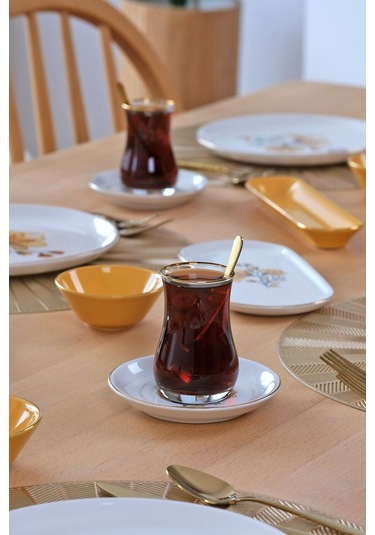 Asya Lizy Hardal Altın Yaldızlı 32 Parça 6 Kişilik Seramik Kahvaltı Takımı Desenli