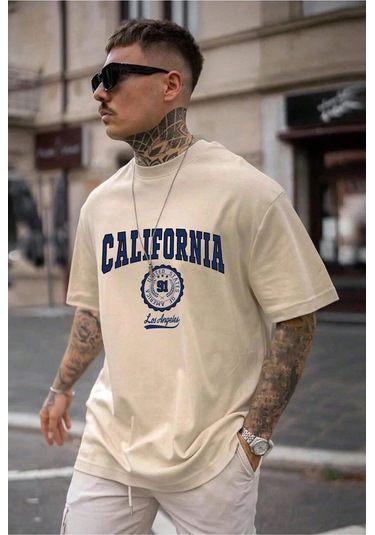 Hırsch Unisex Bej California Baskılı Oversize T-shirt Bej