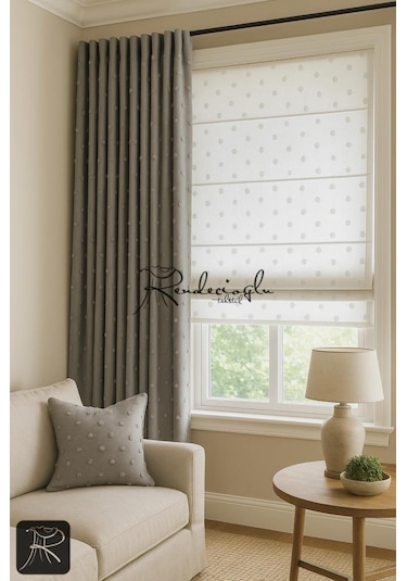 Tül Perde Püsküllü Katlamalı Mekanizmalı Sistem Keten Dokulu Ekru