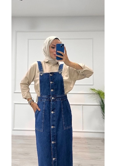 Biçomi Etekli Salopet Enzim Süper Taş Yıkama Koyu Mavi D2521