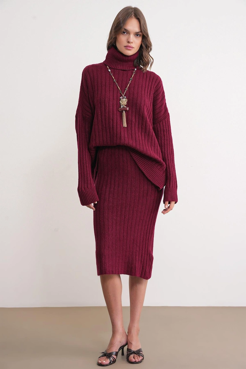 6929 Kadın Fitilli Triko Etek Bordo Bordo