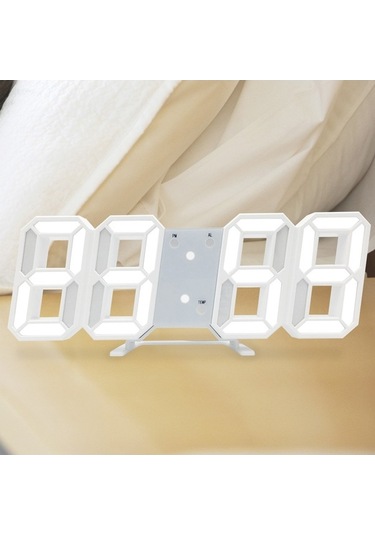 Pazly 3d Led Dijital Duvar Saati - Alarm, Tarih, Sıcaklık - Beyaz, Parlaklık Ayarlanabilir Beyaz