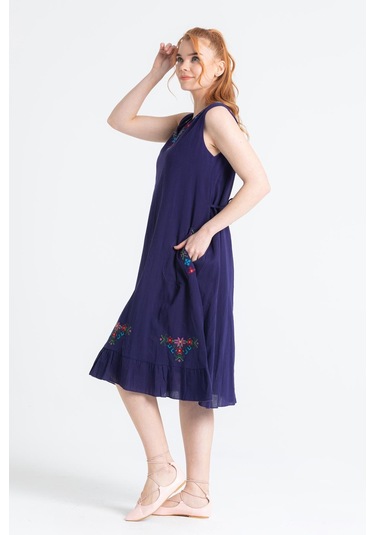 Kolsuz Şile Bezi Mehtap Midi Boy Elbise Mor Mor-mor