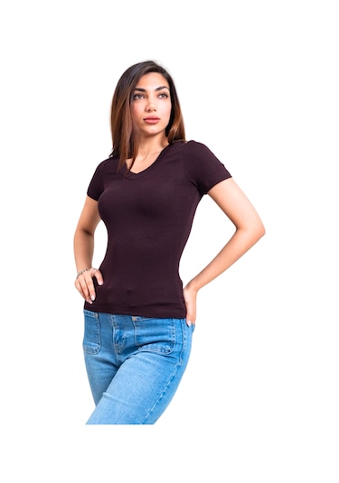 Thiff Kadın Ribana Buzy V Yaka T-shirt Tişört Kahverengi