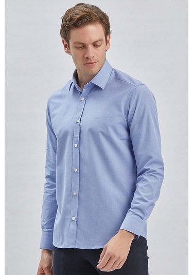 Mavi Uzun Kollu Bez Ayağı Sert Yaka Cepsiz Klasik Slim Fit Dar Kesim Gömlek 1004240230-mavi Mavi
