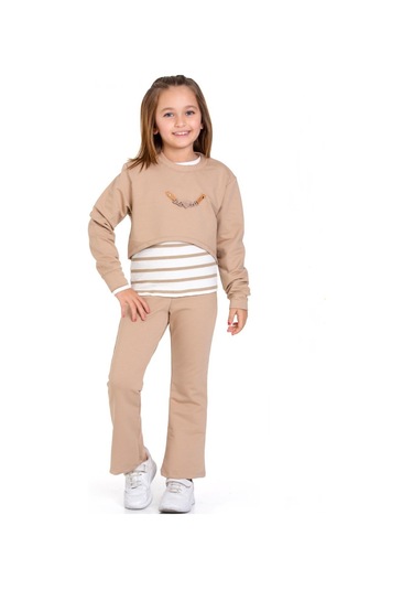 Kız Çocuk 3'lü Takım Pantolon+bluz+t-shirt 12125 Vizon