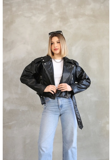 Genculus Kemerli Crop Deri Oversize Kadın Yeni Sezon Ceket Siyah