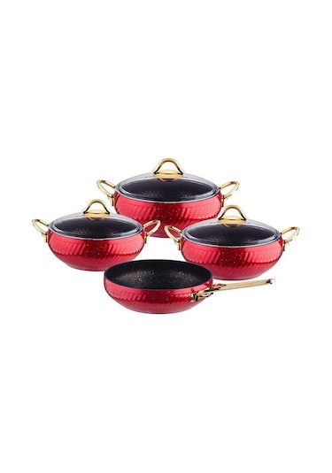 Özkent K-589 Hira Granit 4lü 7 Parça Cam Kapaklı Tencere Seti Kır