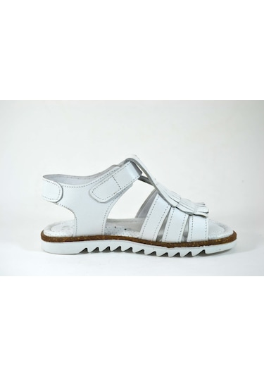 Bayrak Hakiki Deri Beyaz Püsküllü Kız Çocuk Sandalet 26-30 Beyaz