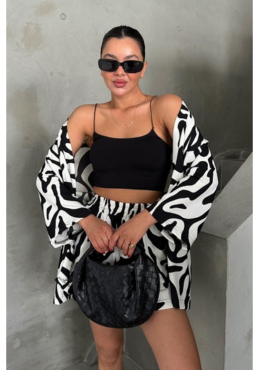 Modagen Kadın Zebra Desenli Kimono Şort Alt Üst Takım Siyah Beyaz
