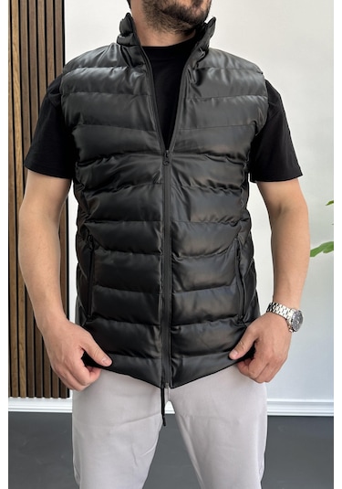 Erkek Slim Fit Fermuarlı Suni Deri Yelek Siyah Edw088-siyah