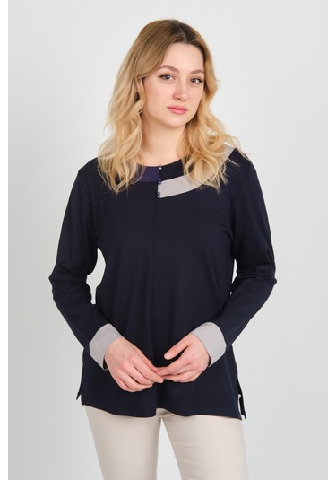 Detay Triko Kadın Boncuk Süslemeli Bisiklet Yaka Yanları Yırtmaçlı Anne Bluz 5723 Lacivert Lacivert