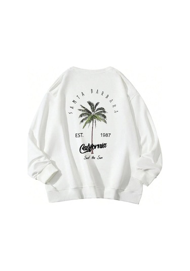 Santa Barbara Kışlık Kalın Sweatshirt - Beyaz Baskılı Oversize Kalın Kışlık Bisiklet Yaka Beyaz