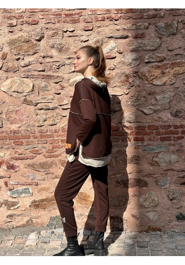 Modaserdem Kadın Kahve Kapşonlu Etek Ucu Detay Arma Ters Dikiş Gorunumlu Ikili Takım Kahve