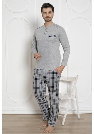 Erkek Ekose Desen Likralı Pamuk Uzun Kol Kışlık İnterlok Göğüs Cepli Pijama Takımı Gri