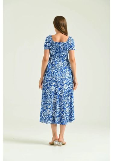 Kadın Saks Kare Yaka Desenli Elbise 001