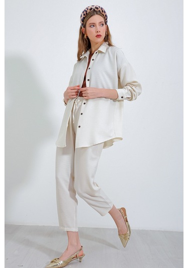 Bigdart Kadın Ekru Oversize Keten Alt Üst Takım 6622 001