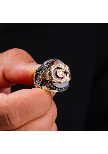 Ay Yıldız İşlemeli Kırmızı Zirkon Taşlı 925 Ayar Gümüş Erkek Yüzüğü Gümüş