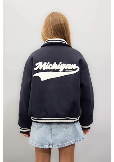 DeFacto Kız Çocuk Yazı Baskılı Çıtçıtlı Ribana Kollu Kolej Mont C5406A824AUNV256 Lacivert